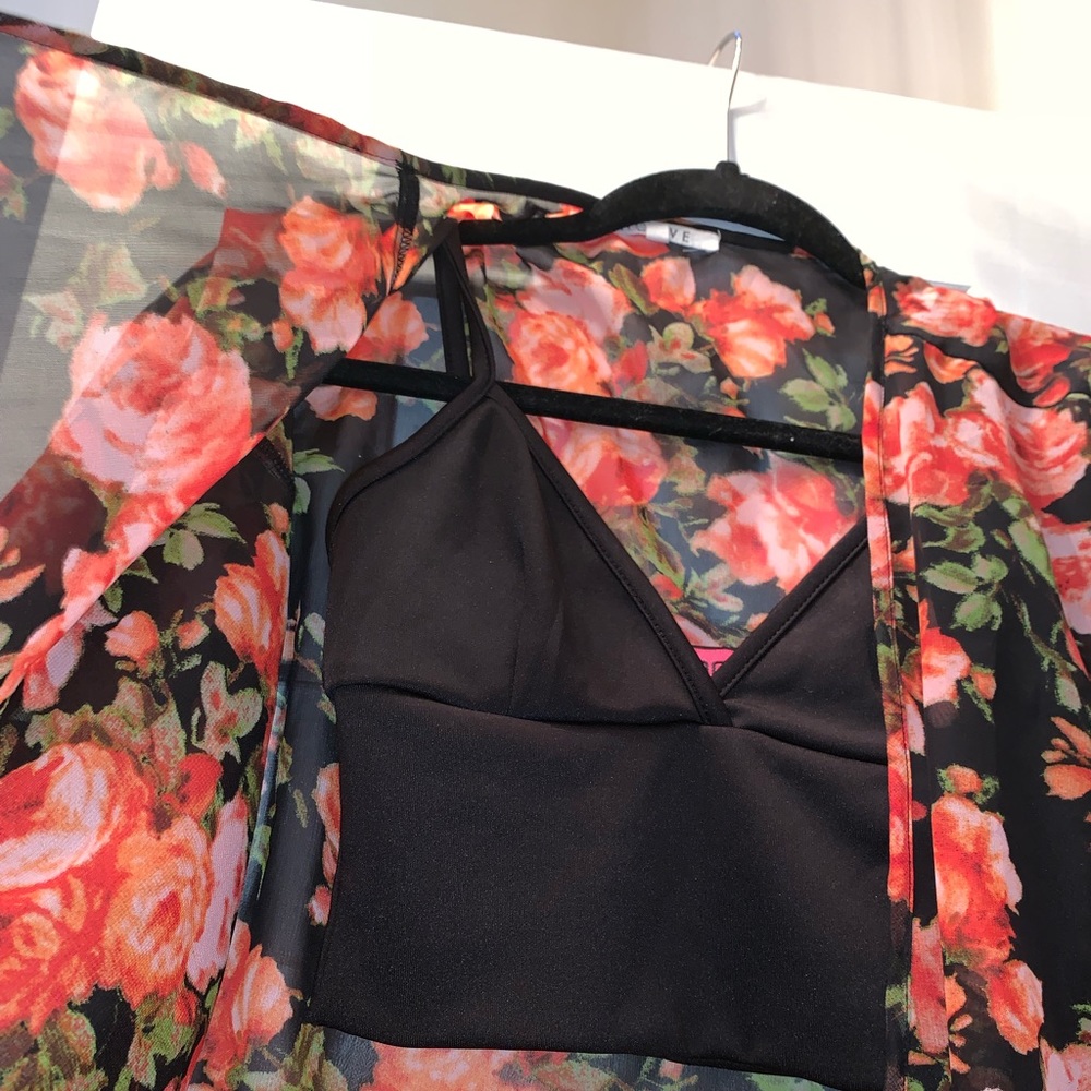 Black Tank Top & Floral Kimono Set